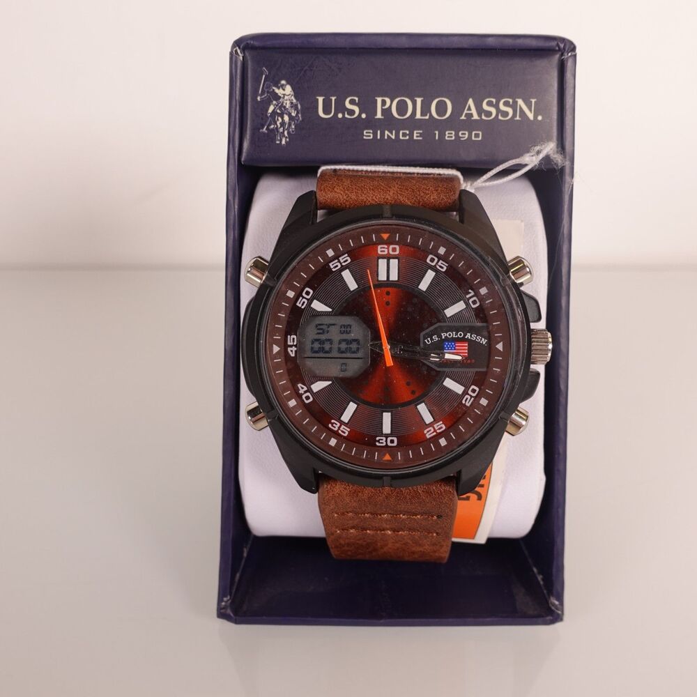 U.S. Polo Assn. Men's Analog Digital Red Face Watch Quartz Brown Leather Band